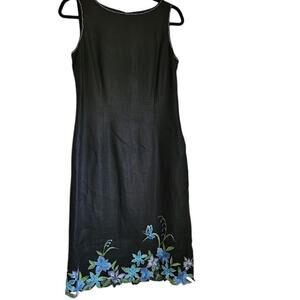 Talbots Black Linen Sheath Dress 6 Blue Floral Embroidered Sleeveless Lined